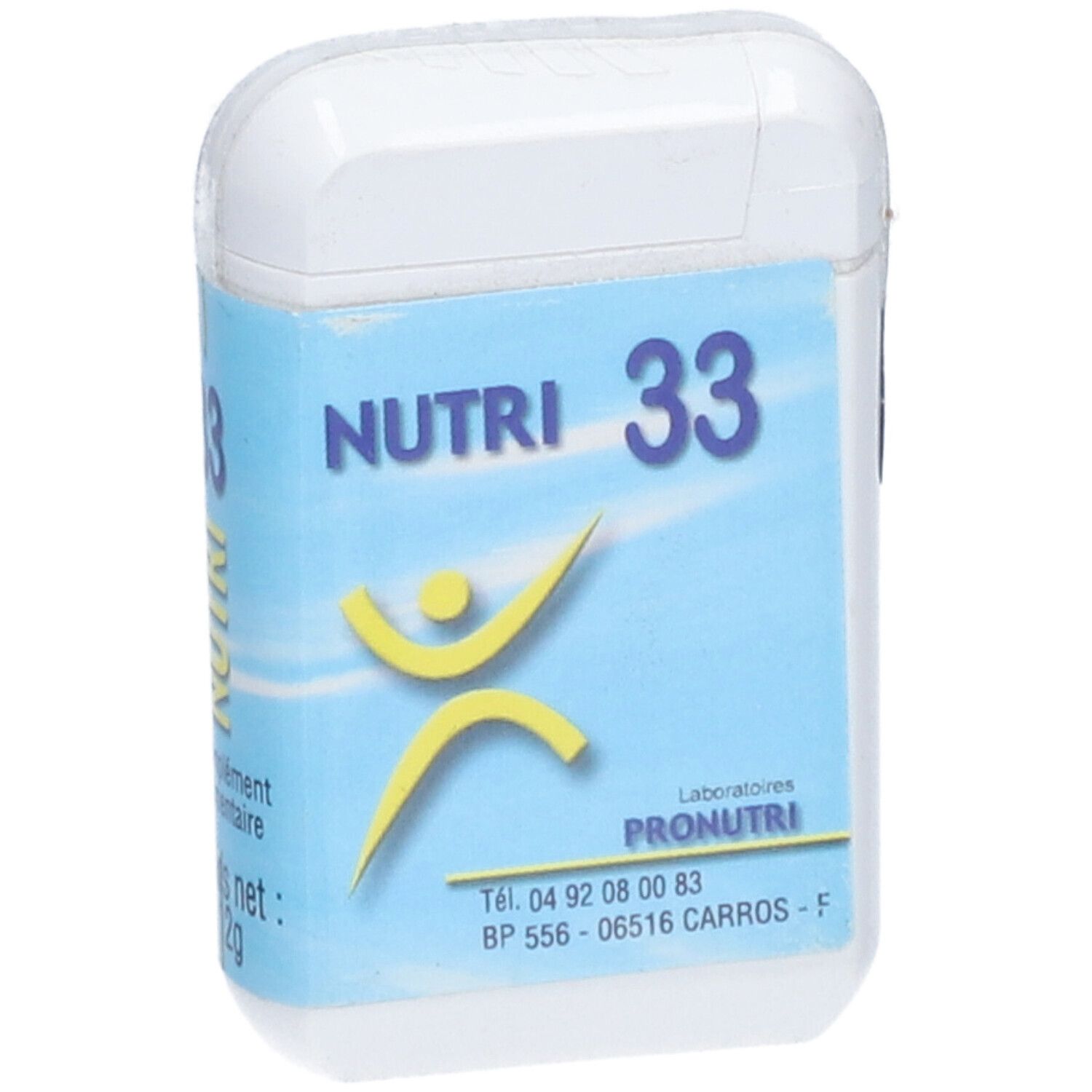 Boîte blanche avec étiquette bleue. Inscription: NUTRI 33. Complément alimentaire. Poids net: 12g.