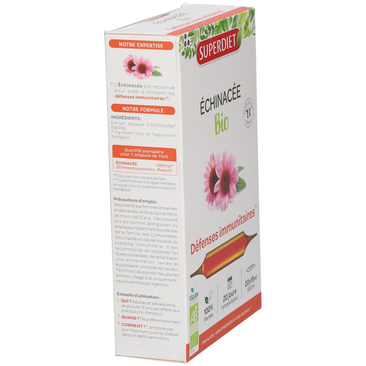Vue latérale de la boîte SUPERDIET Échinacée Bio Ampoule. Texte : Échinacée Bio, Défenses immunitaires, ingrédients, mode d'emploi.