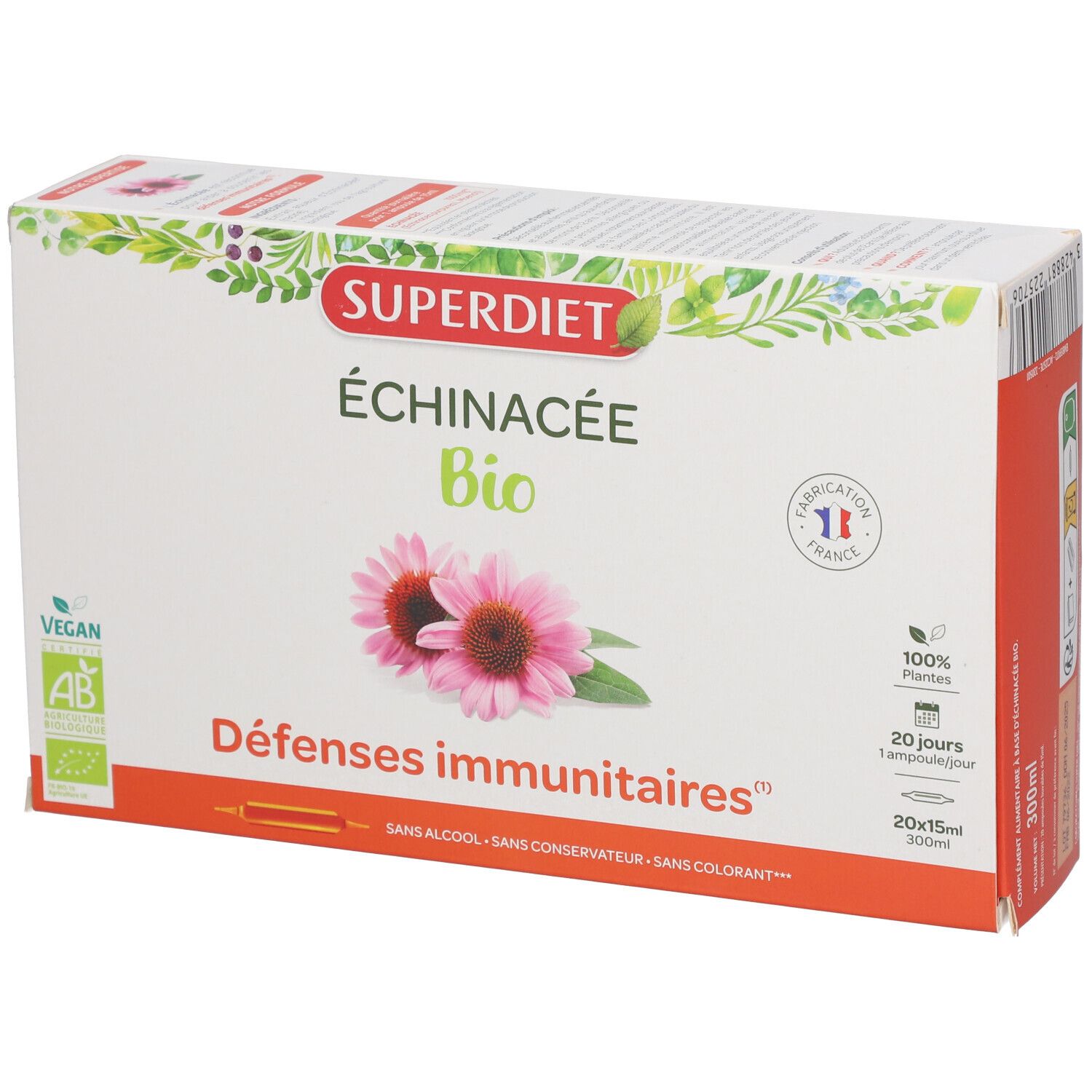 Boîte SUPERDIET Échinacée Bio Ampoule. Inscription : Échinacée Bio, Défenses immunitaires, 20x15ml, Vegan, logo AB.