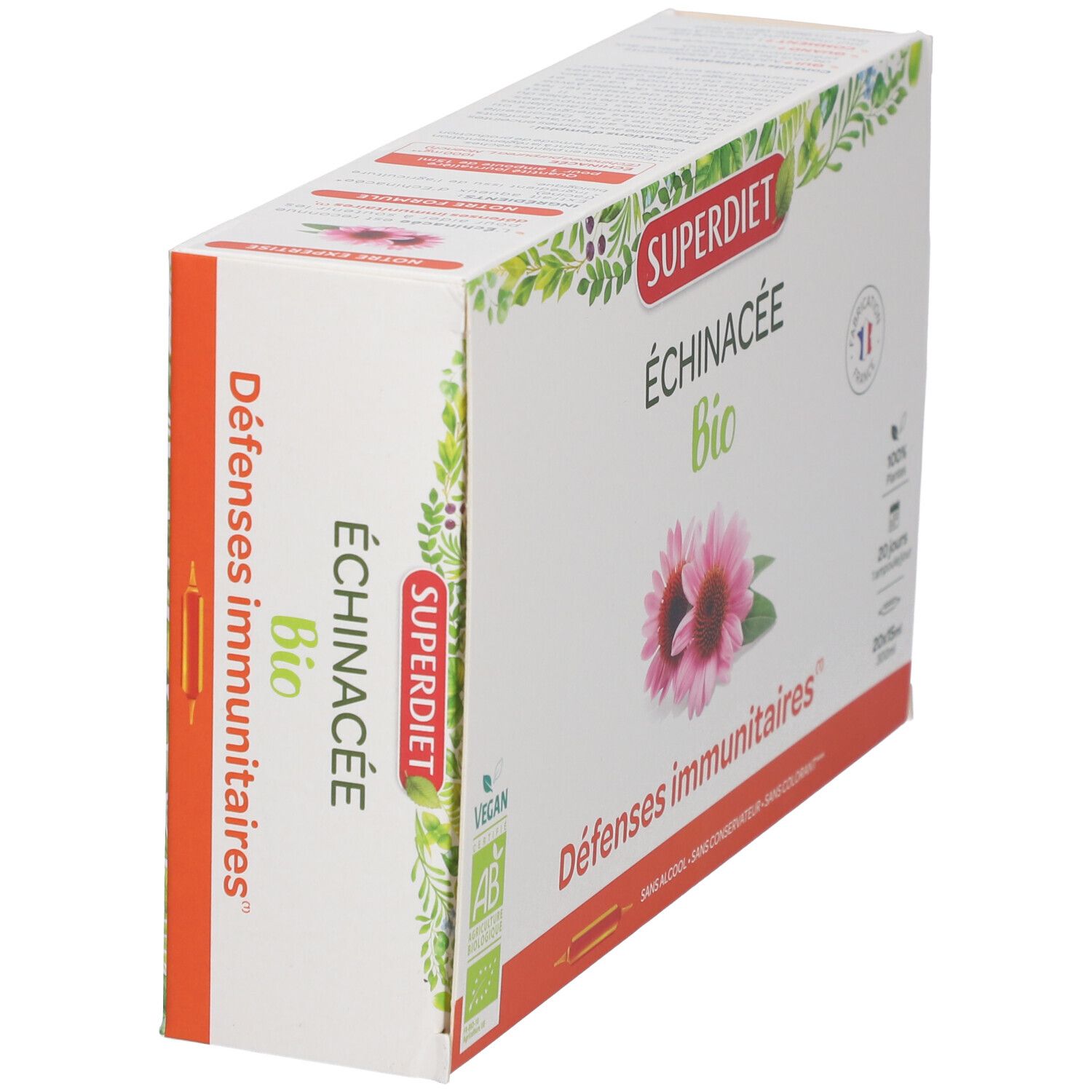 Vue en biais de la boîte SUPERDIET Échinacée Bio Ampoule. Inscription : Échinacée Bio, Défenses immunitaires, Vegan, logo AB.