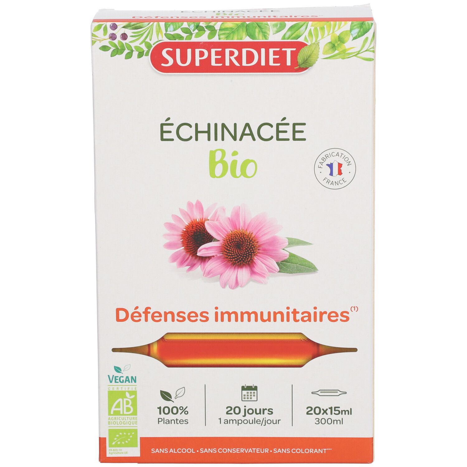 Boîte SUPERDIET Échinacée Bio Ampoule. Inscription : Échinacée Bio, Défenses immunitaires, 20x15ml, Vegan, logo AB.