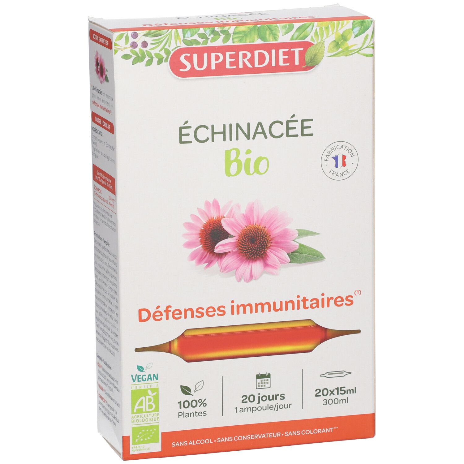 Boîte SUPERDIET Échinacée Bio Ampoule. Inscription : Échinacée Bio, Défenses immunitaires, 20x15ml, Vegan, logo AB.