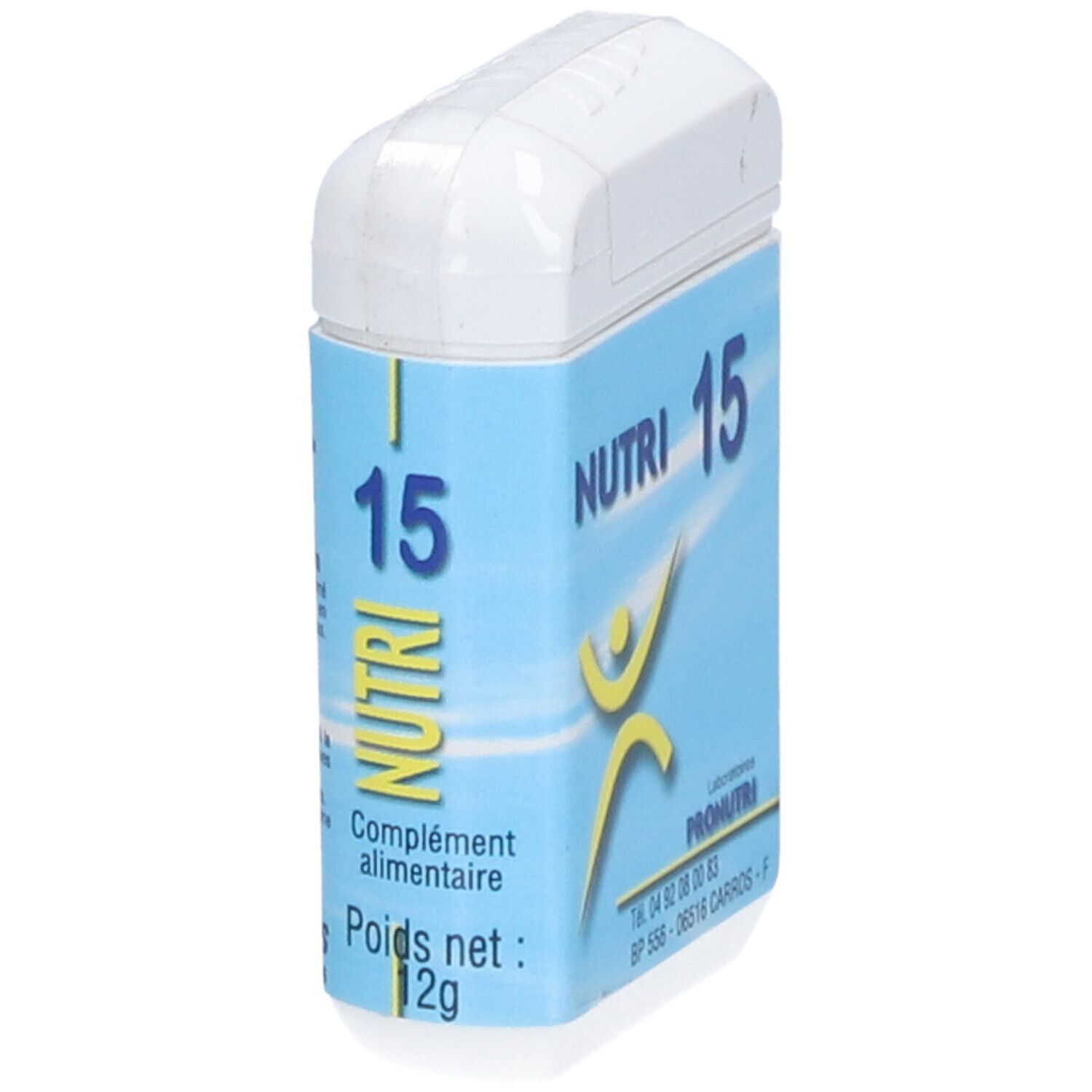 Boîte bleue avec couvercle blanc. Inscription: NUTRI 15, logo jaune, 'Complément alimentaire', 12g.