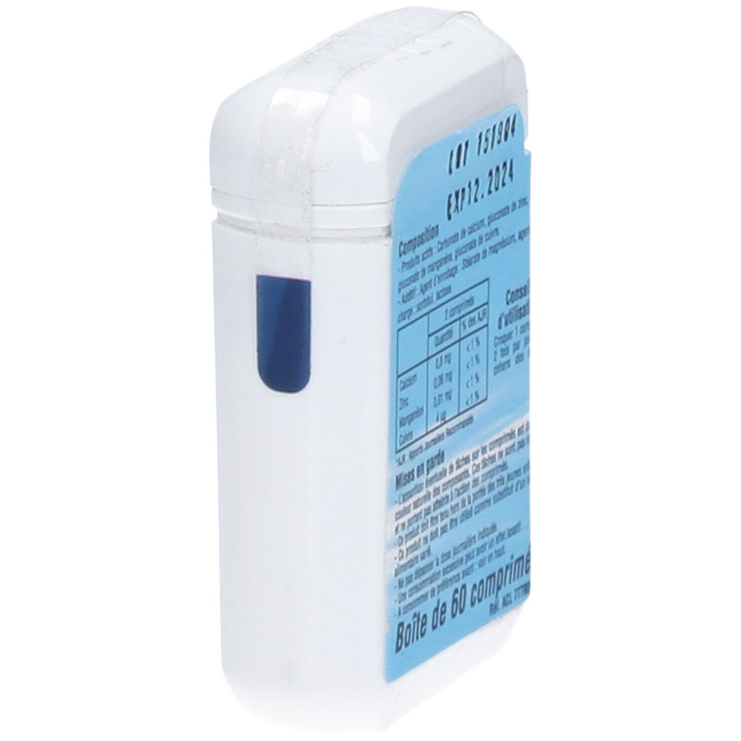 Boîte avec étiquette bleue. Inscription: NUTRI 15, ingrédients, date d'expiration, 'Boîte de 60 comprimés'.