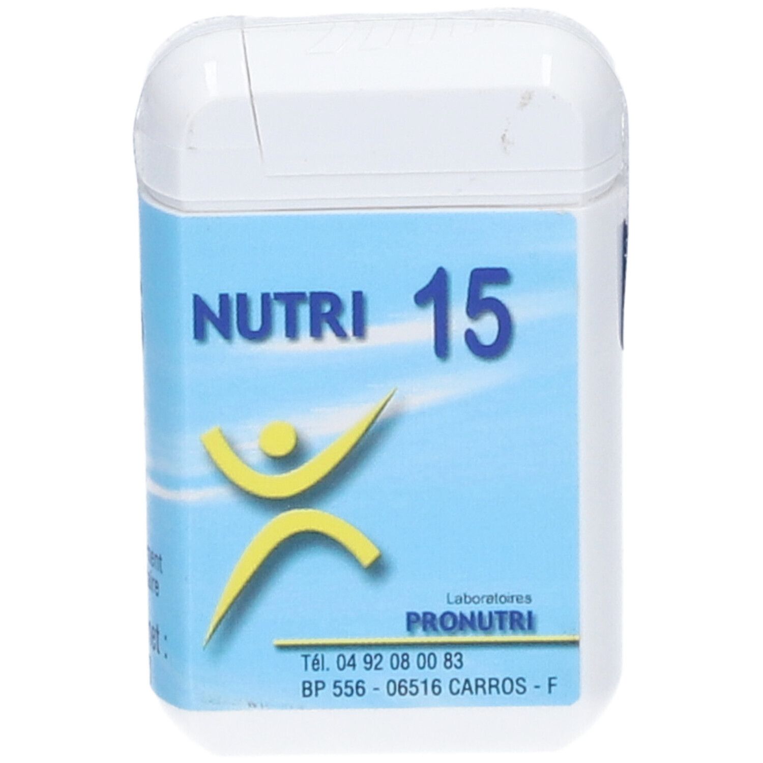 Boîte blanche avec étiquette bleue. Inscription: NUTRI 15, logo jaune, logo Pronutri et coordonnées.