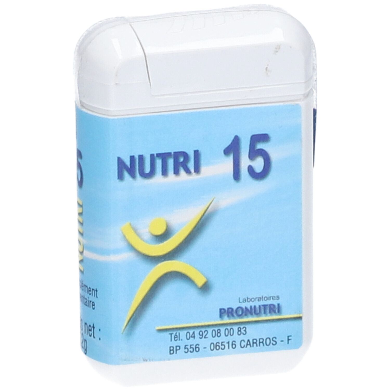 Boîte bleue avec couvercle blanc. Inscription: NUTRI 15, logo jaune, 'Complément alimentaire', 12g.