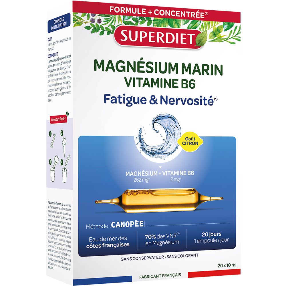 Boîte de SUPERDIET Magnésium Marin + Vitamine B6. Contient des ampoules. Inscription: Magnésium Marin, Vitamine B6, Fatigue & Nervosité.
