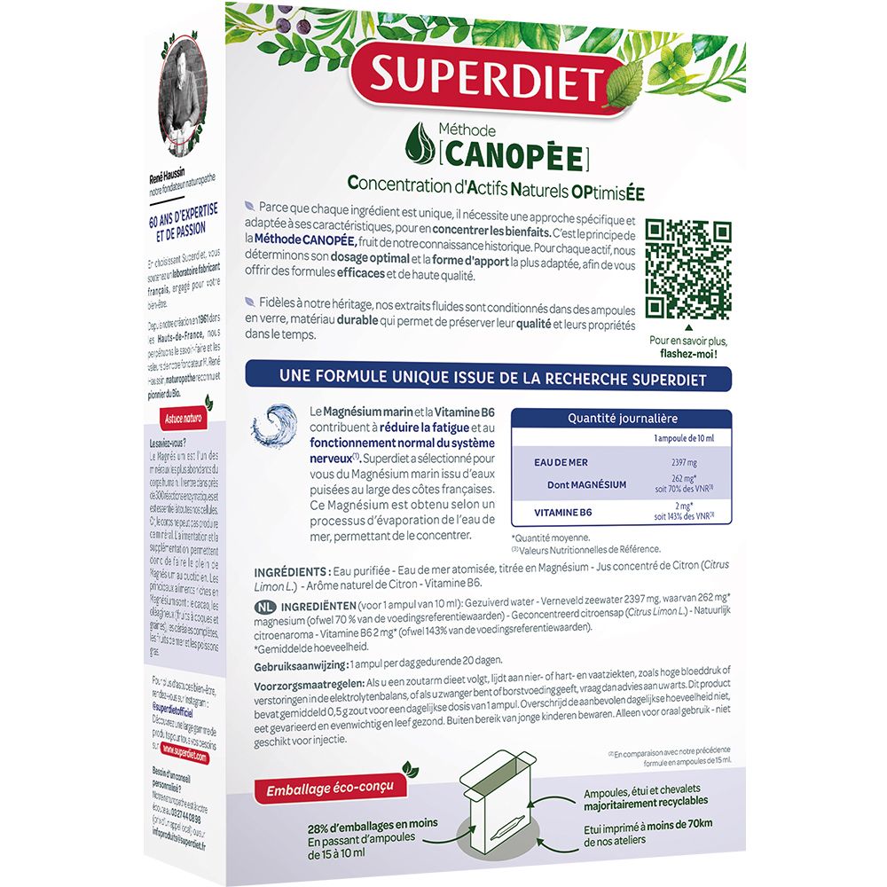Dos de la boîte SUPERDIET Magnésium Marin + Vitamine B6. Texte et informations sur le produit et ses ingrédients.