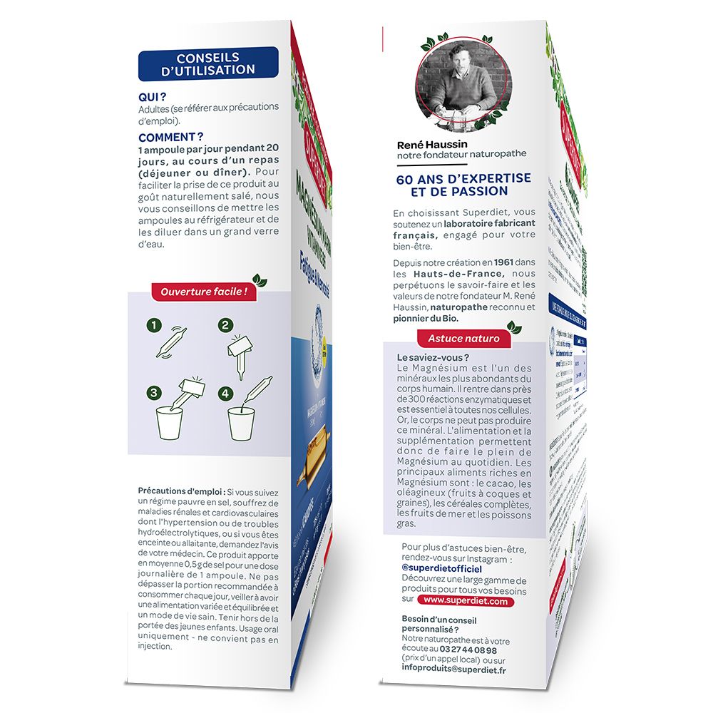 Vue latérale de la boîte SUPERDIET Magnésium Marin + Vitamine B6. Texte: conseils d'utilisation et informations.