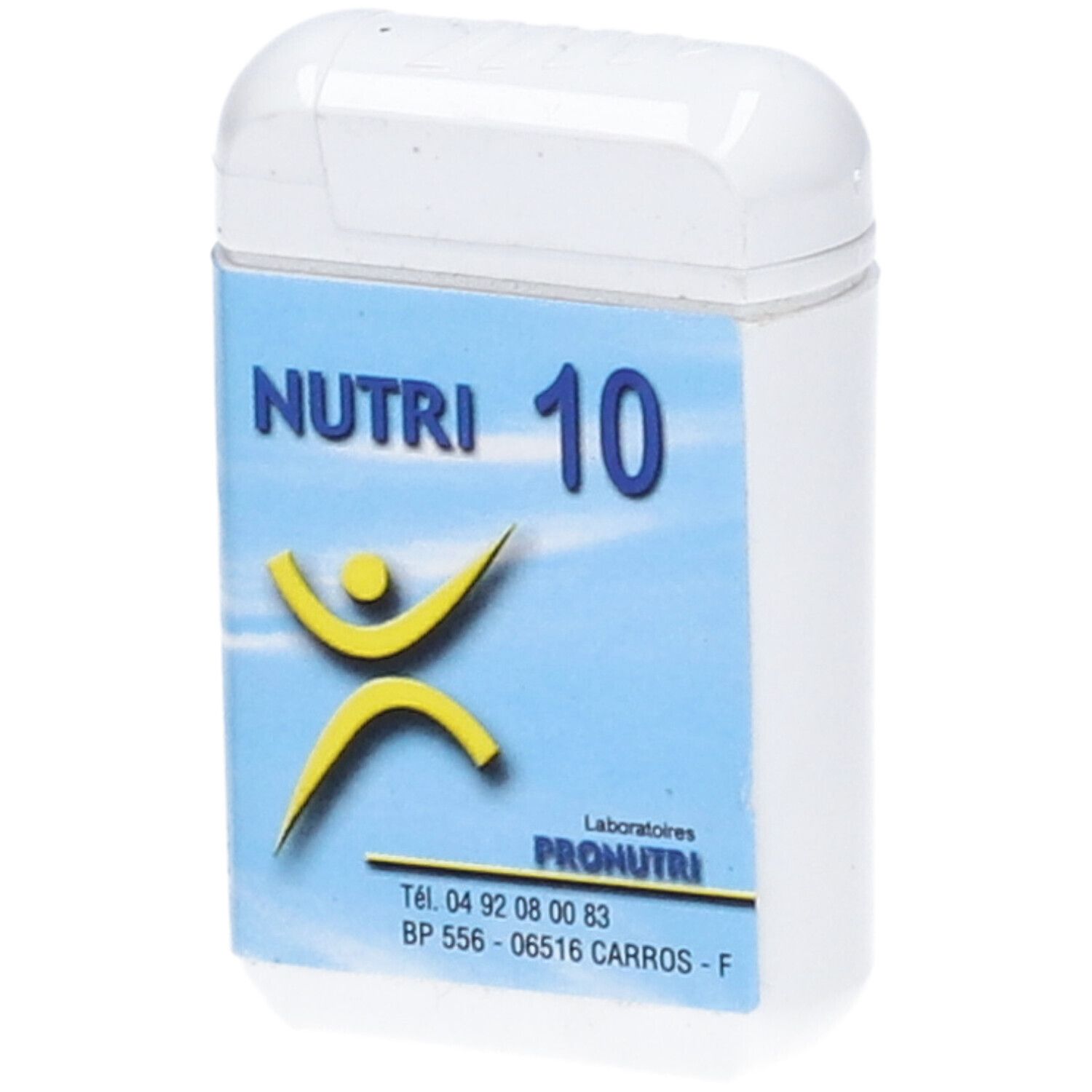 Boîte blanche avec étiquette bleue. Inscription: NUTRI 10, logo, Laboratoires Pronutri.
