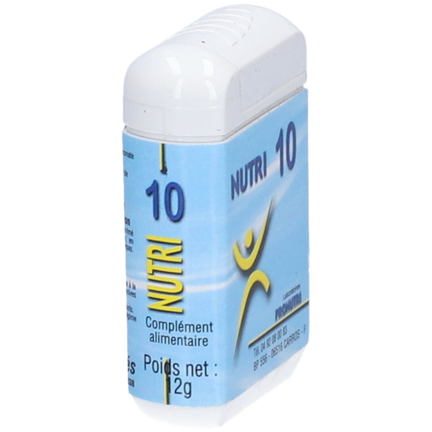 Boîte blanche avec étiquette bleue. Inscription: NUTRI 10, logo, complément alimentaire, 12g.
