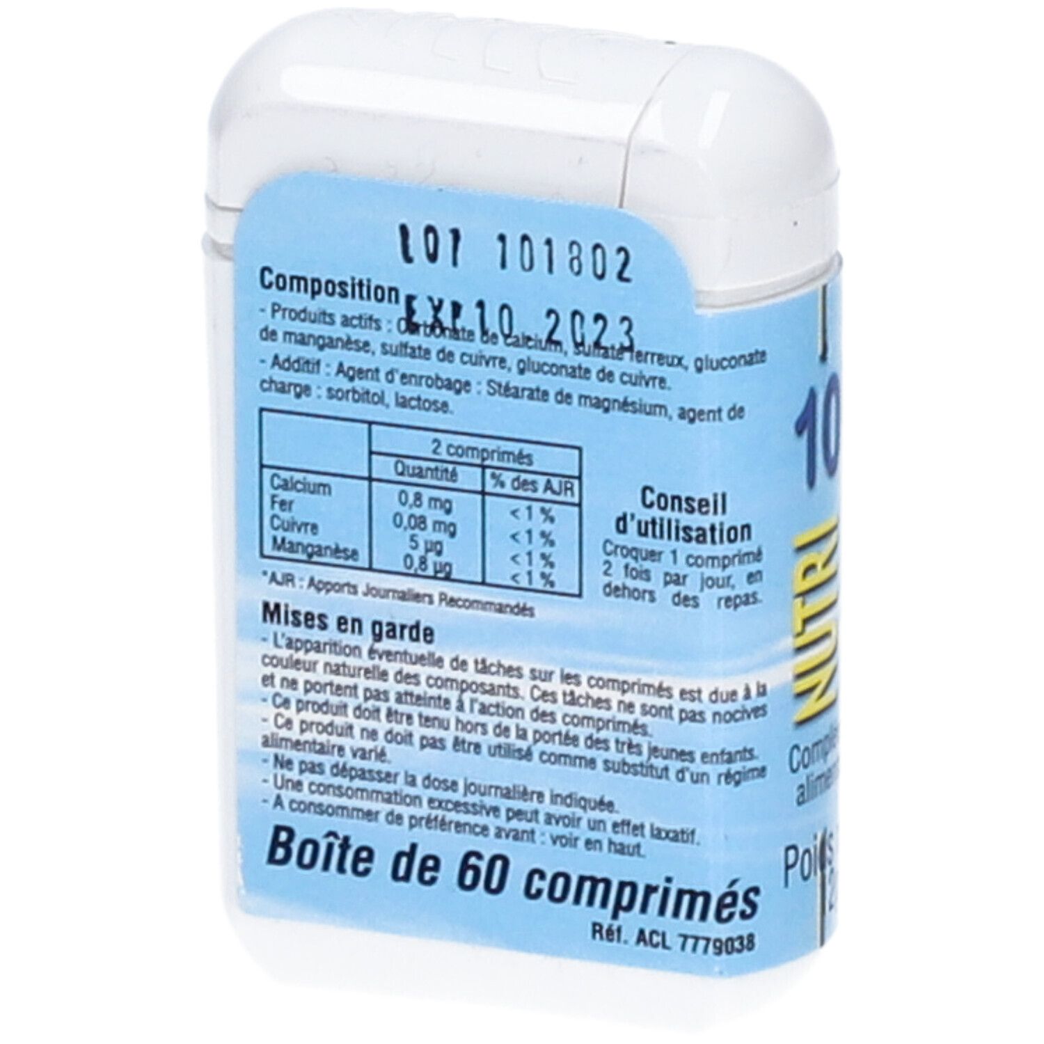 Dos de la boîte blanche. Étiquette bleue avec texte: Composition, date de péremption, mode d'emploi, 60 comprimés.