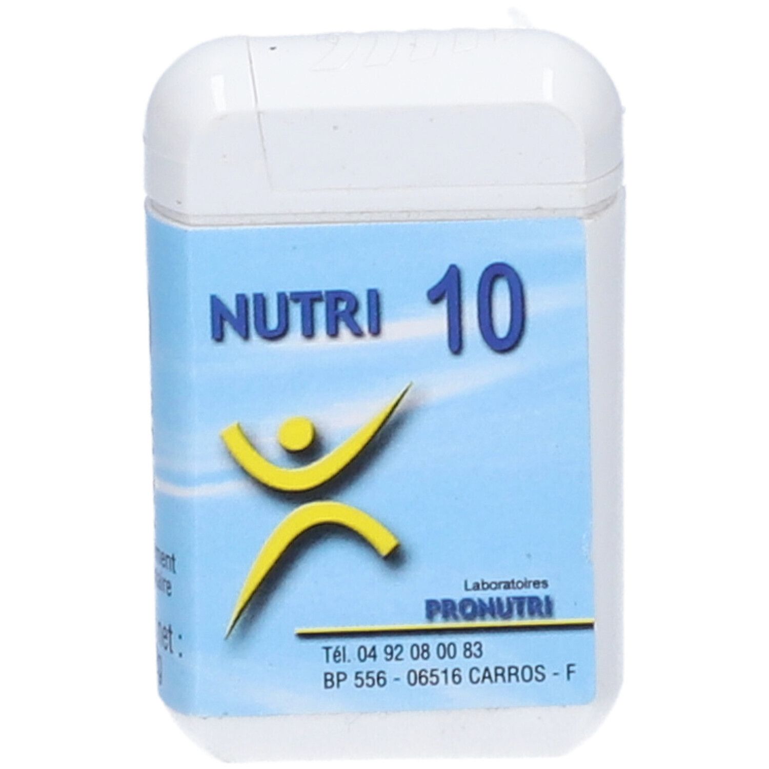 Boîte blanche avec étiquette bleue. Inscription: NUTRI 10, logo, Laboratoires Pronutri.