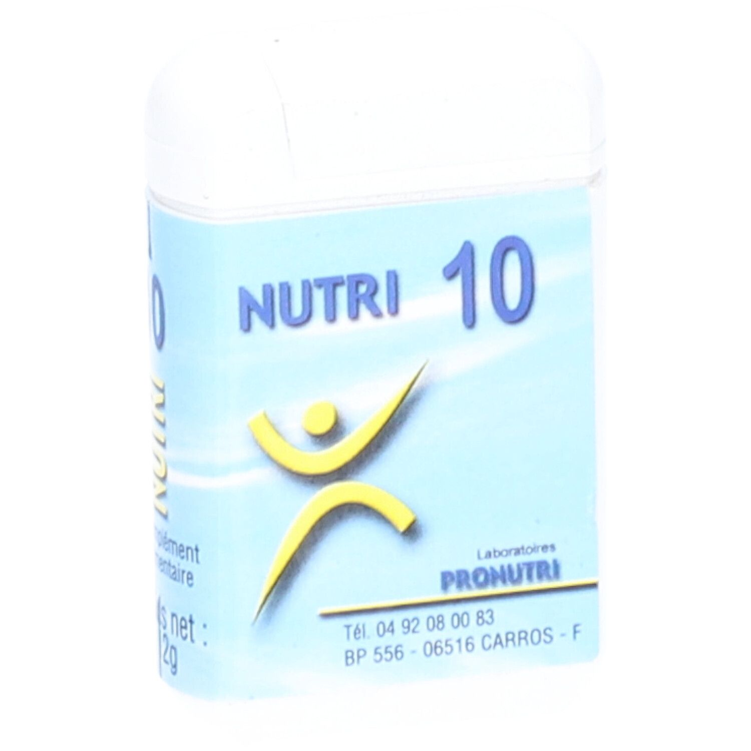 Boîte blanche avec étiquette bleue. Inscription: NUTRI 10, logo, complément alimentaire, 12g.