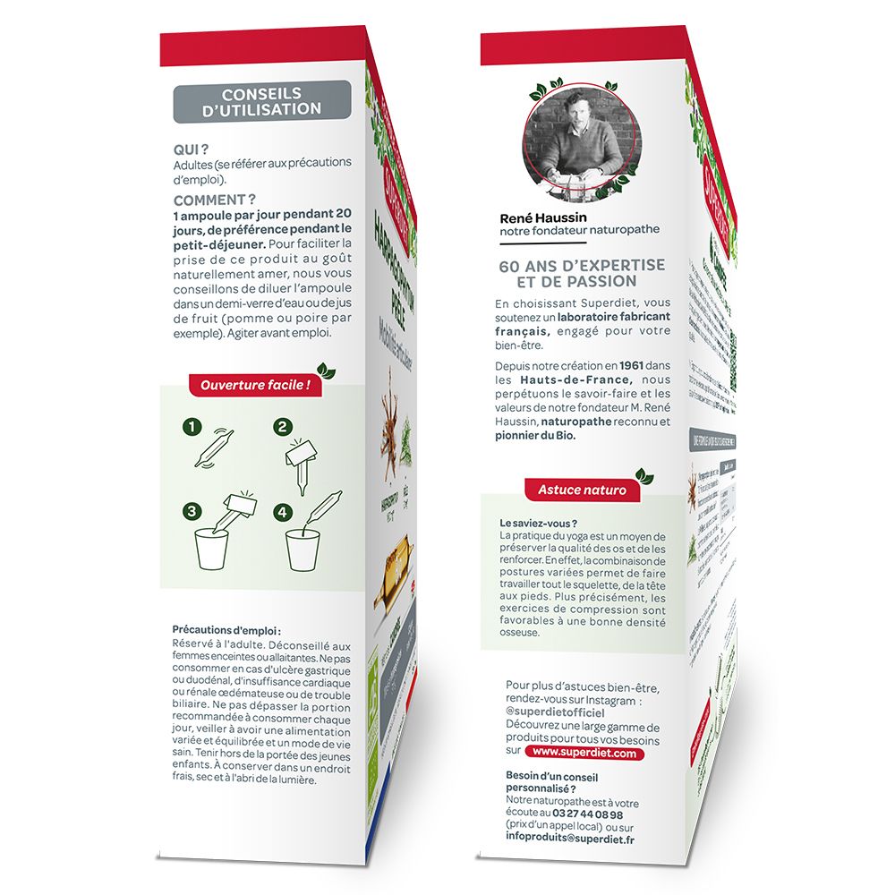 Côtés de la boîte. Informations d'utilisation: 1 ampoule par jour. Précautions. Coordonnées et site web.