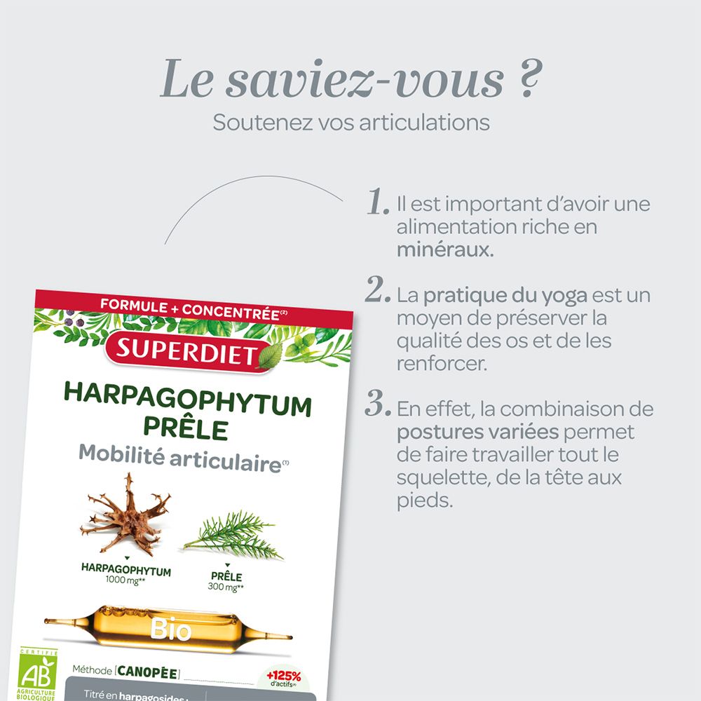 Informations pour soutenir les articulations. Texte: SUPERDIET. PRÊLE HARPAGOPHYTUM. Image de l'emballage.