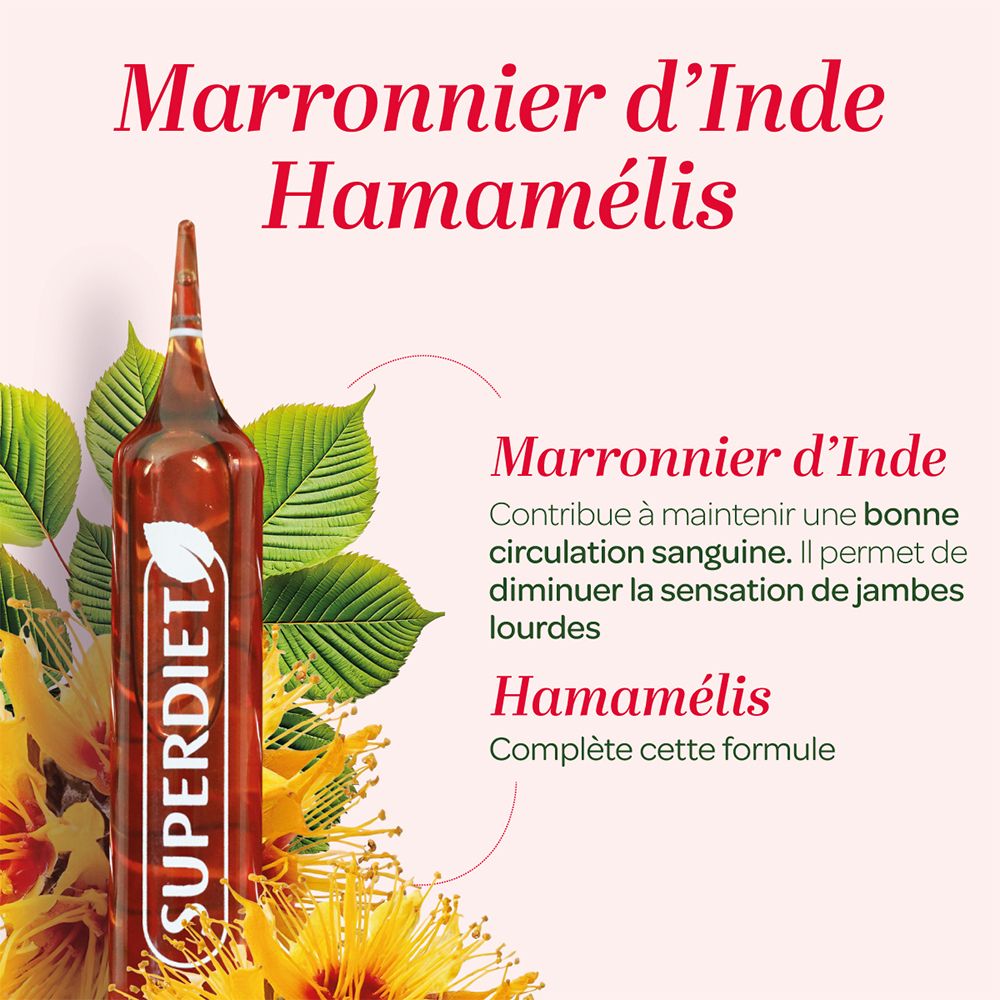 Ampoule de SUPERDIET Marronnier d'Inde Hamamélis. Texte en français. Avec feuilles et fleurs.