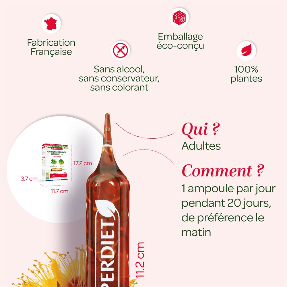 Ampoule de SUPERDIET Marronnier d'Inde Hamamélis. Dimensions. Texte en français. Informations d'utilisation.