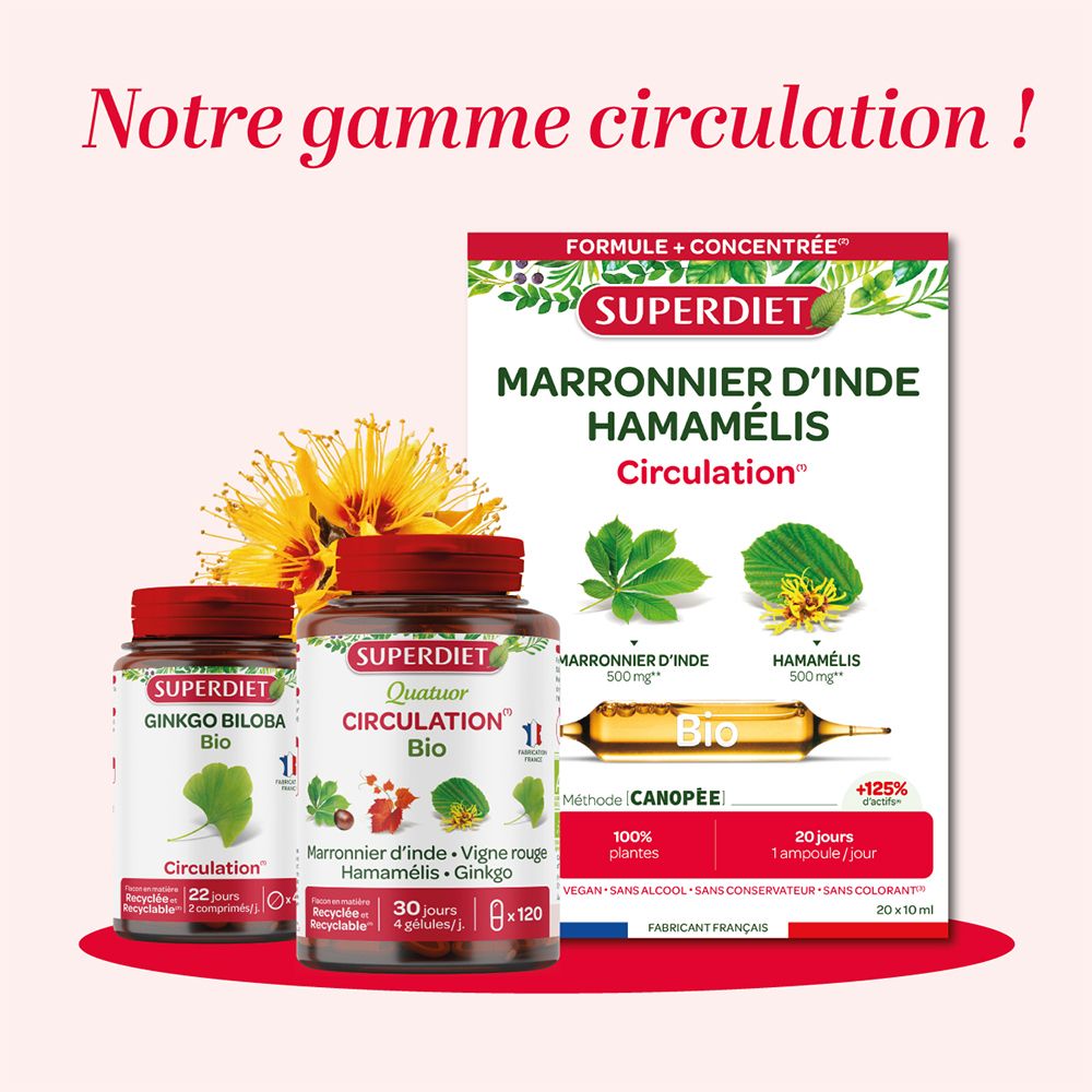 Gamme de produits SUPERDIET. Marronnier Hamamélis, Ginkgo Biloba et Circulation Bio. Texte en français.