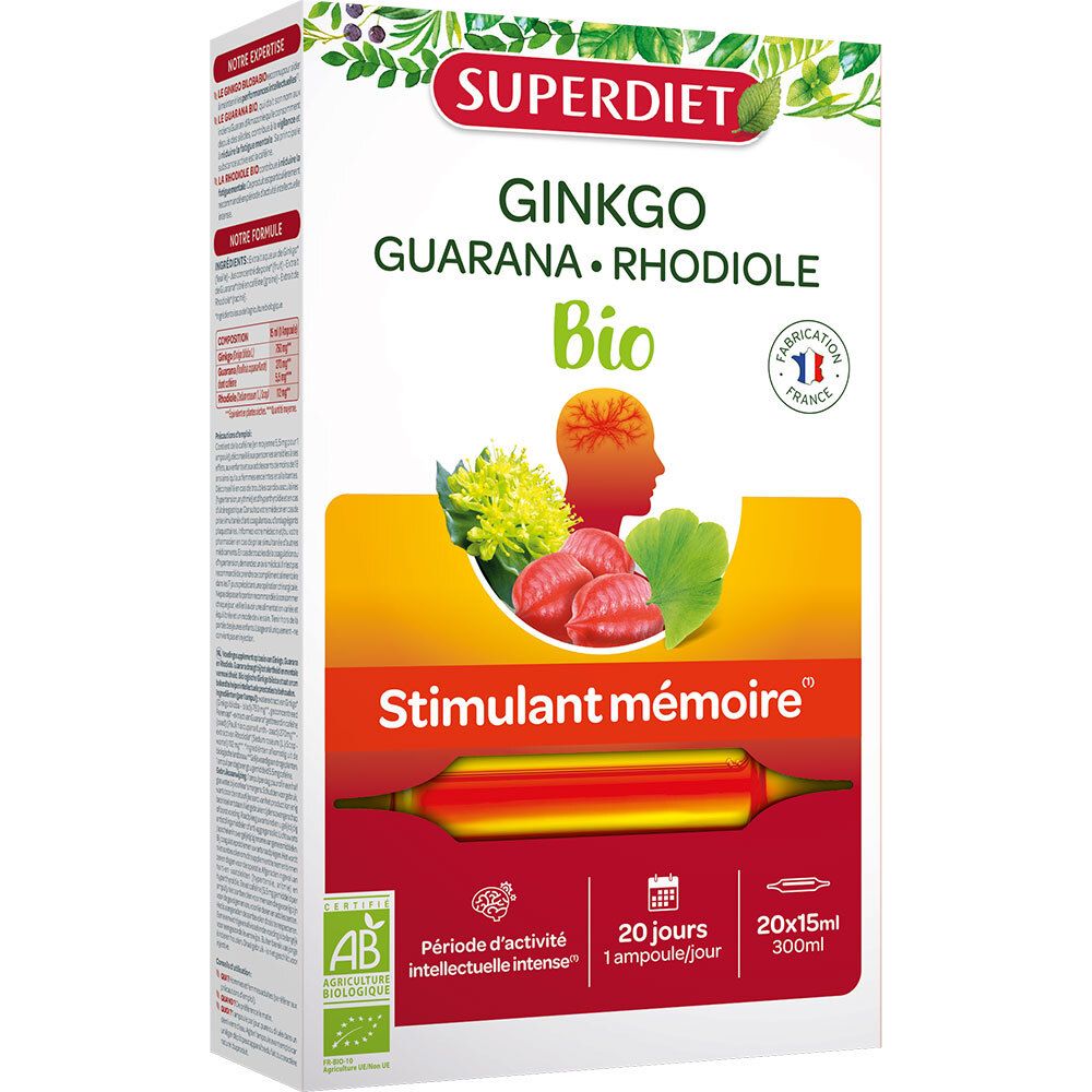SUPERDIET Gingkgo Boost Bio Ampoule. Boîte avec illustration, texte et logo. Fabrication française.