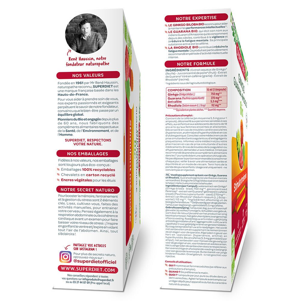 SUPERDIET Gingkgo Boost Bio Ampoule. Boîte avec texte et logo. Informations sur les ingrédients et le fabricant.