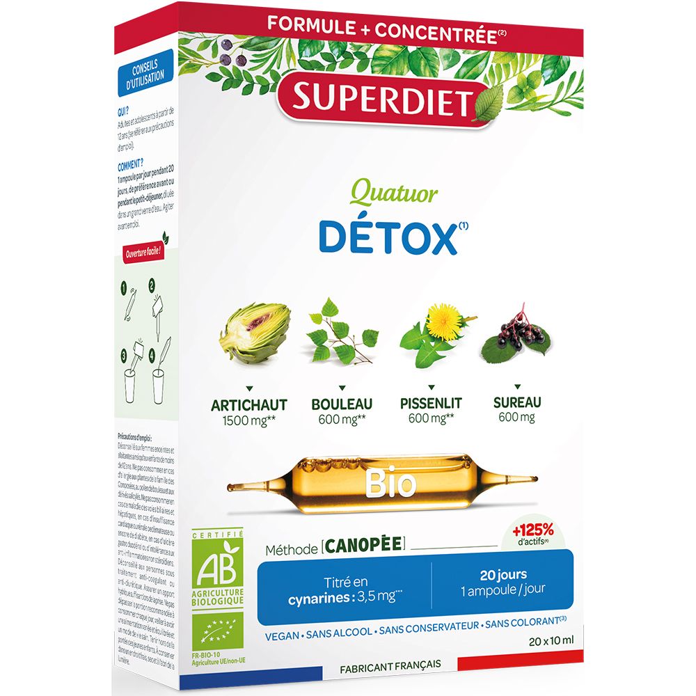 Boîte Superdiet Quatuor Détox. Contient artichaut, bouleau, pissenlit et sureau. Certification Bio. Fabriqué en France.