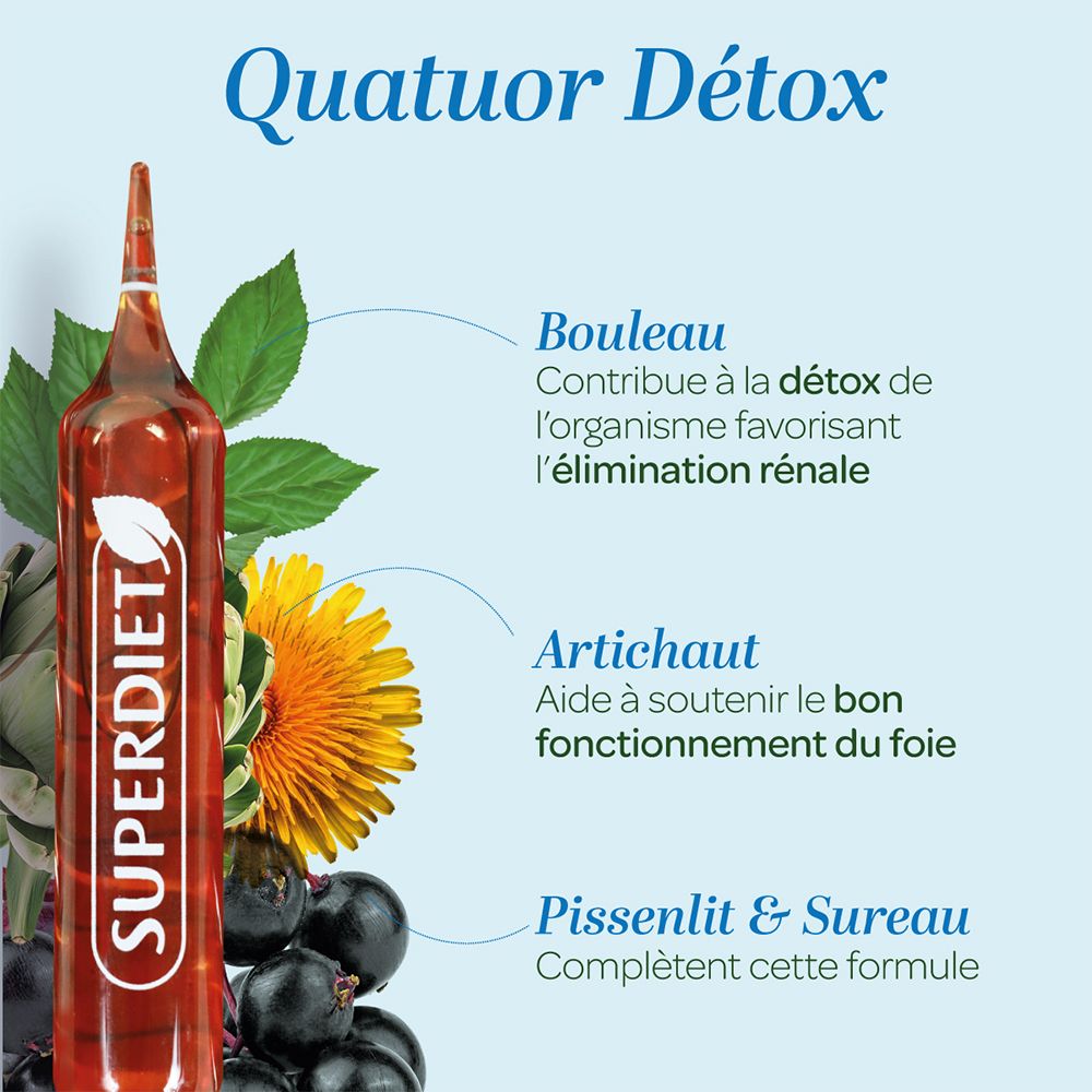 Ampoule brune Superdiet avec logo et texte Quatuor Détox. Illustrations de plantes : bouleau, artichaut, pissenlit, sureau.