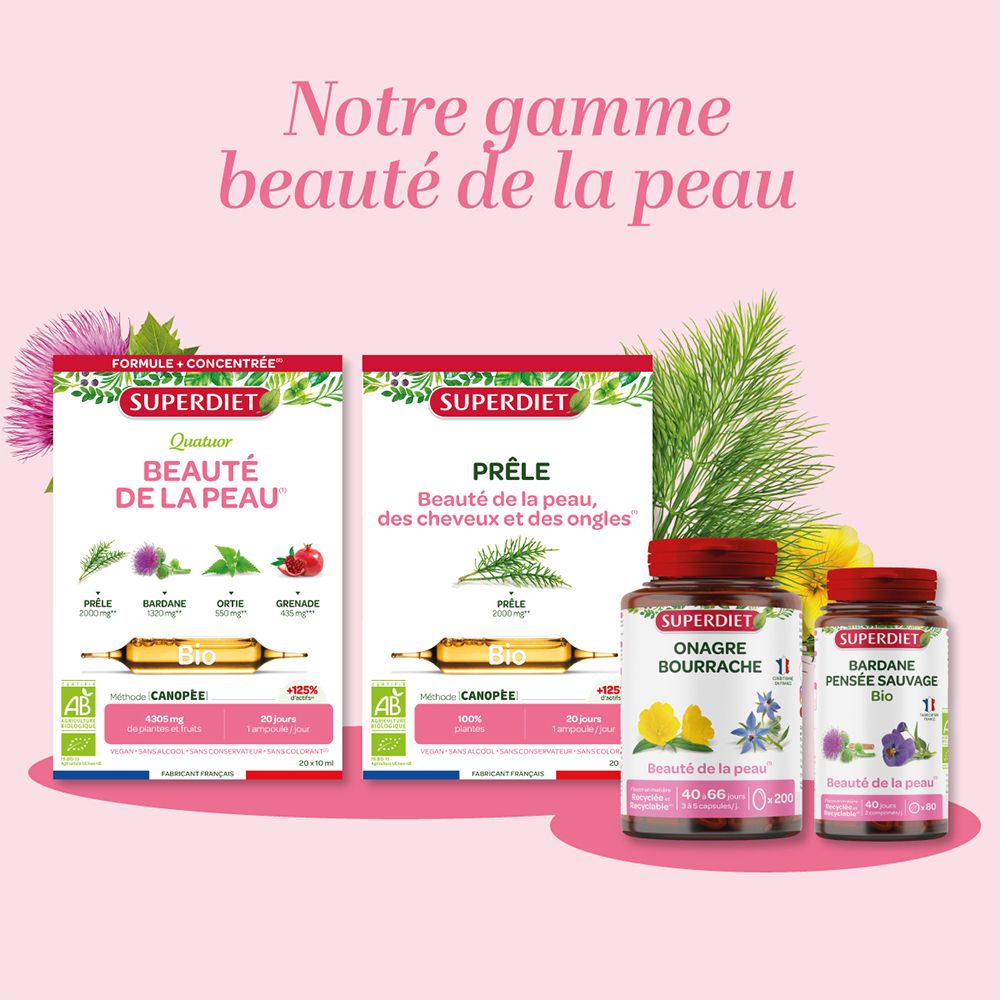 Différents produits de la marque SUPER DIET. Quatuor Bio Beauté de la peau et autres.
