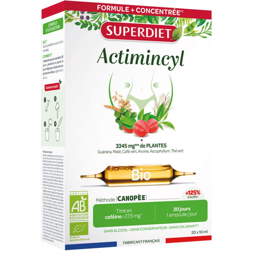 Boîte Actimincyl Bio. Contient 20 ampoules. Certification AB Bio. Contient extraits de plantes et caféine.