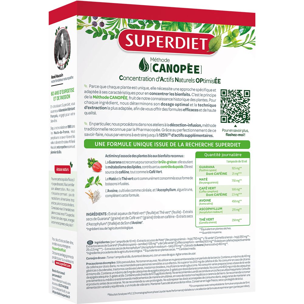 Dos de l'emballage Actimincyl Bio. Contient des informations sur les ingrédients et la méthode Canopée. Code QR.