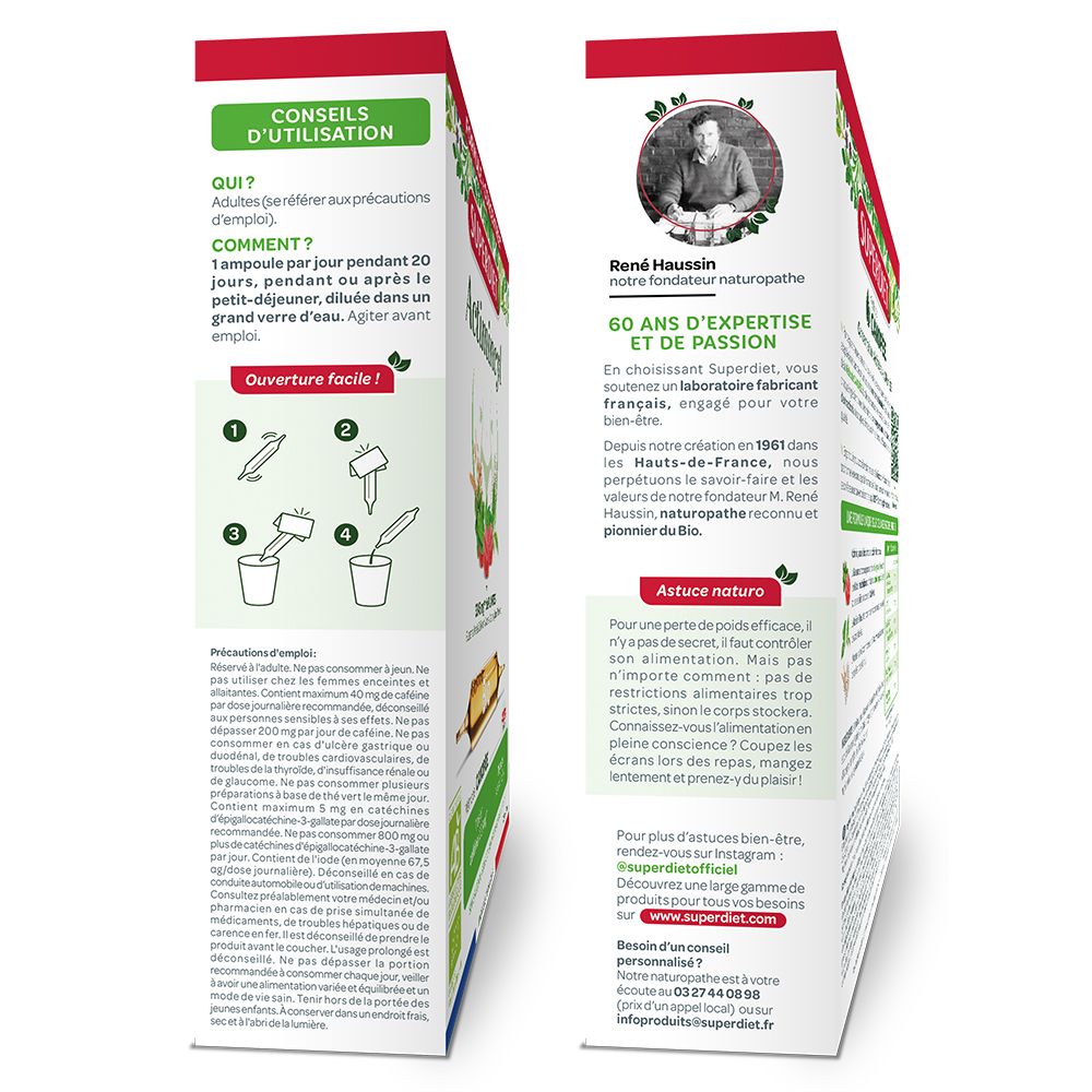 Côtés de l'emballage Actimincyl Bio. Contient des conseils d'utilisation et des informations sur le fabricant. Avec code QR.