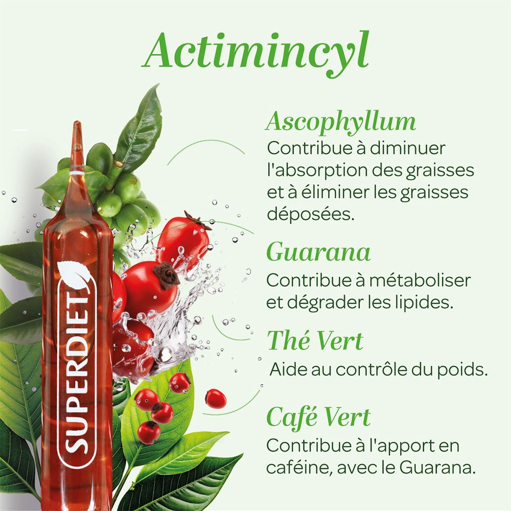 Ampoule Actimincyl avec ingrédients. Contient Ascophyllum, Guarana, Thé Vert et Café Vert. Fond vert et blanc.