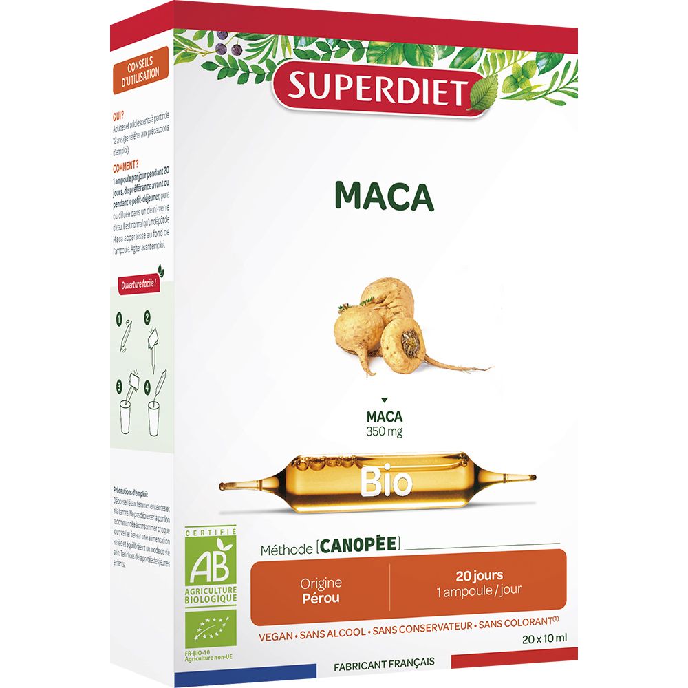 Boîte Superdiet Maca. Ampoules, certification Bio. Vegan, sans alcool, conservateur, colorant. Origine Pérou.