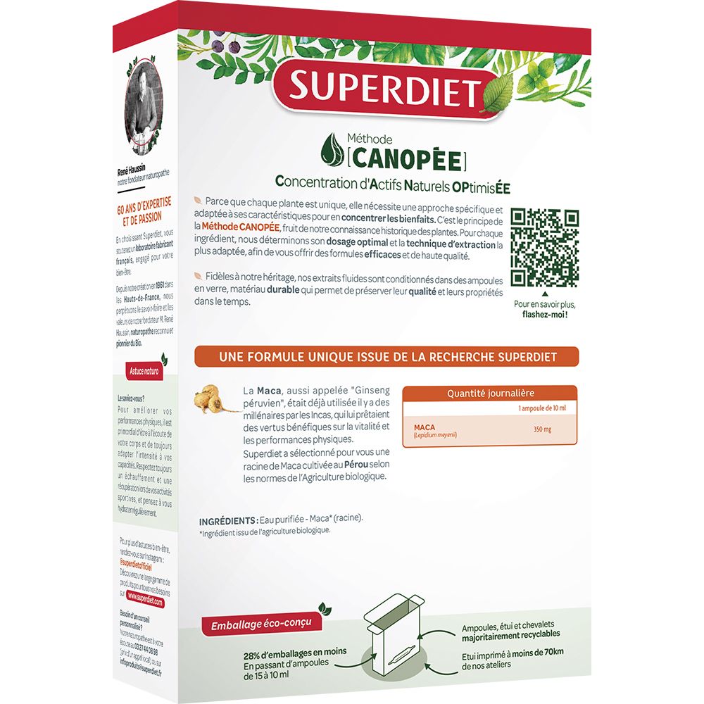 Dos de la boîte Superdiet Maca. Informations sur les ingrédients et la méthode CANOPÉE.