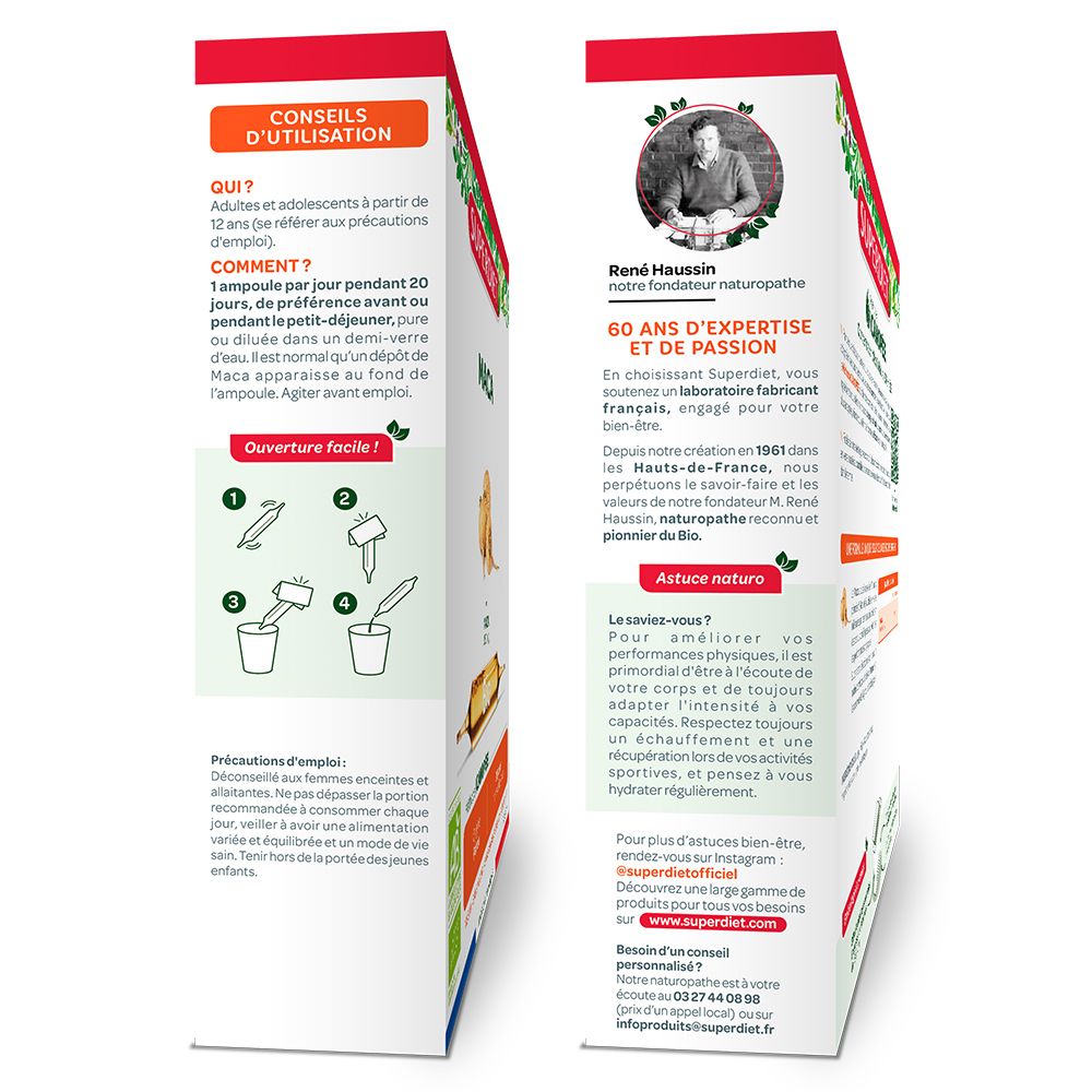 Vue latérale de la boîte Superdiet Maca. Conseils d'utilisation et ingrédients.