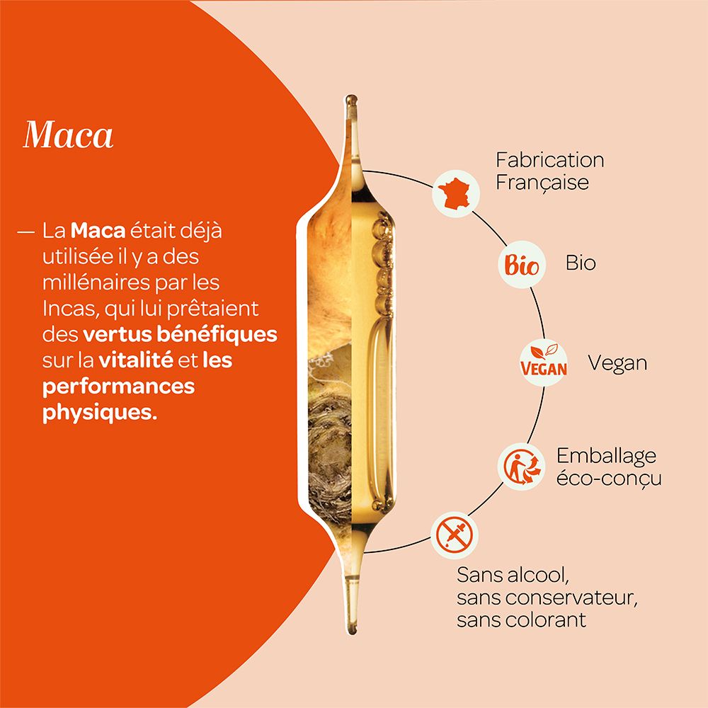 Ampoule Maca, informations Bio, Vegan, sans alcool, conservateur, colorant. Fabrication française.