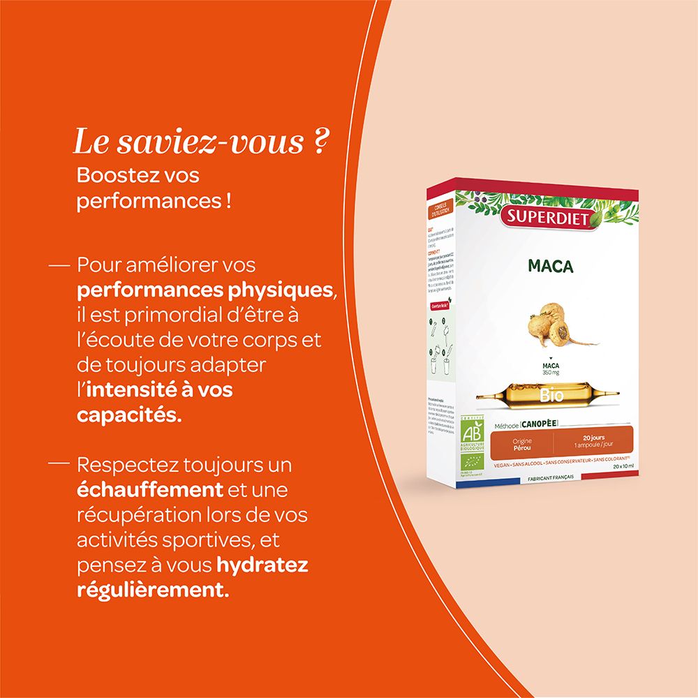 Boîte Superdiet Maca avec informations sur les performances. Contient une ampoule.