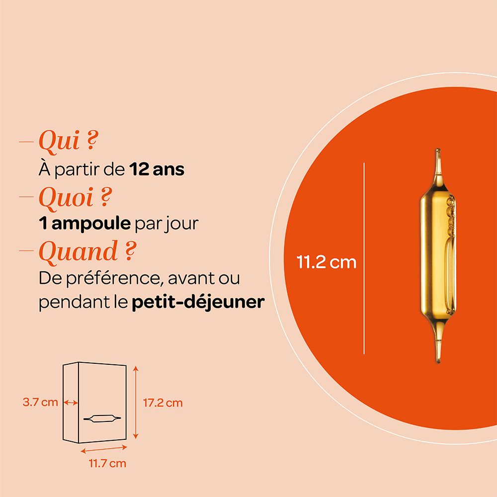 Dimensions de la boîte Superdiet Maca. Montre une ampoule et les mesures en cm.