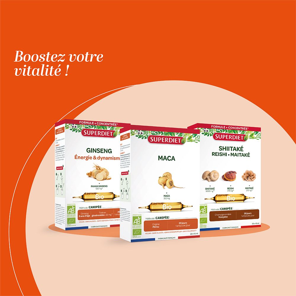 Trois boîtes Superdiet : Ginseng, Maca et Shiitake. Toutes avec certification Bio.