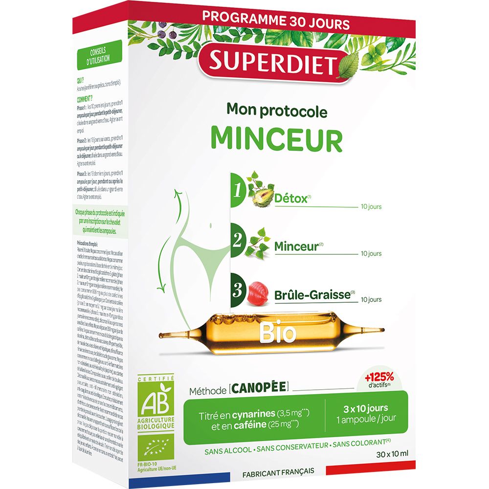 Boîte de PROTOCOLE MINCEUR BIO. Contient 30 ampoules. Certification AB Bio. 3 phases: Détox, Minceur, Brûle-Graisse.