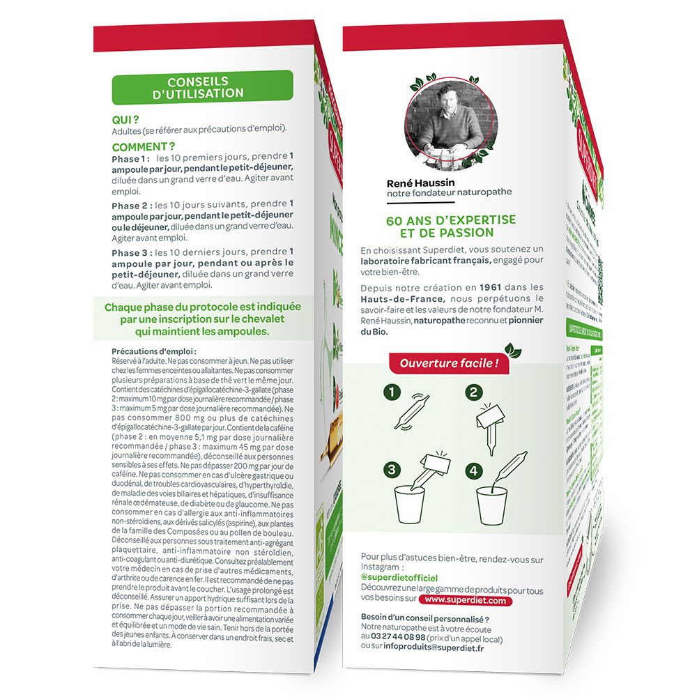 Côté de la boîte de PROTOCOLE MINCEUR BIO. Texte: SUPERDIET, Conseils d'utilisation, Fondateur René Haussin.