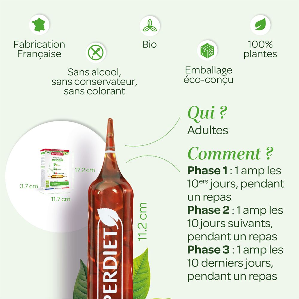 Différents produits de la marque Superdiet. Contient Actimincyl, Minceur et Brûle-Graisse. Avec certification Bio.