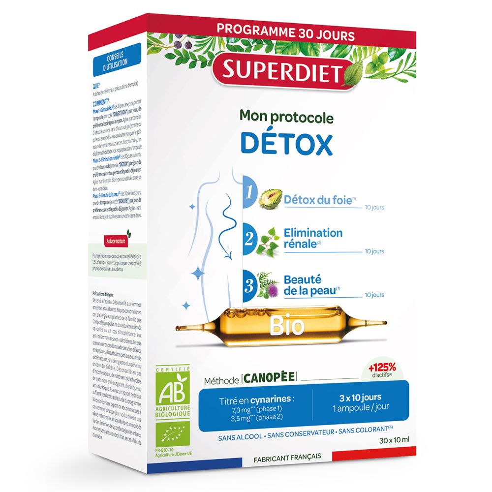 Boîte Superdiet Bio-Detox-Protokoll. Programme 30 jours. 30 ampoules de 10 ml. Certification AB Bio.