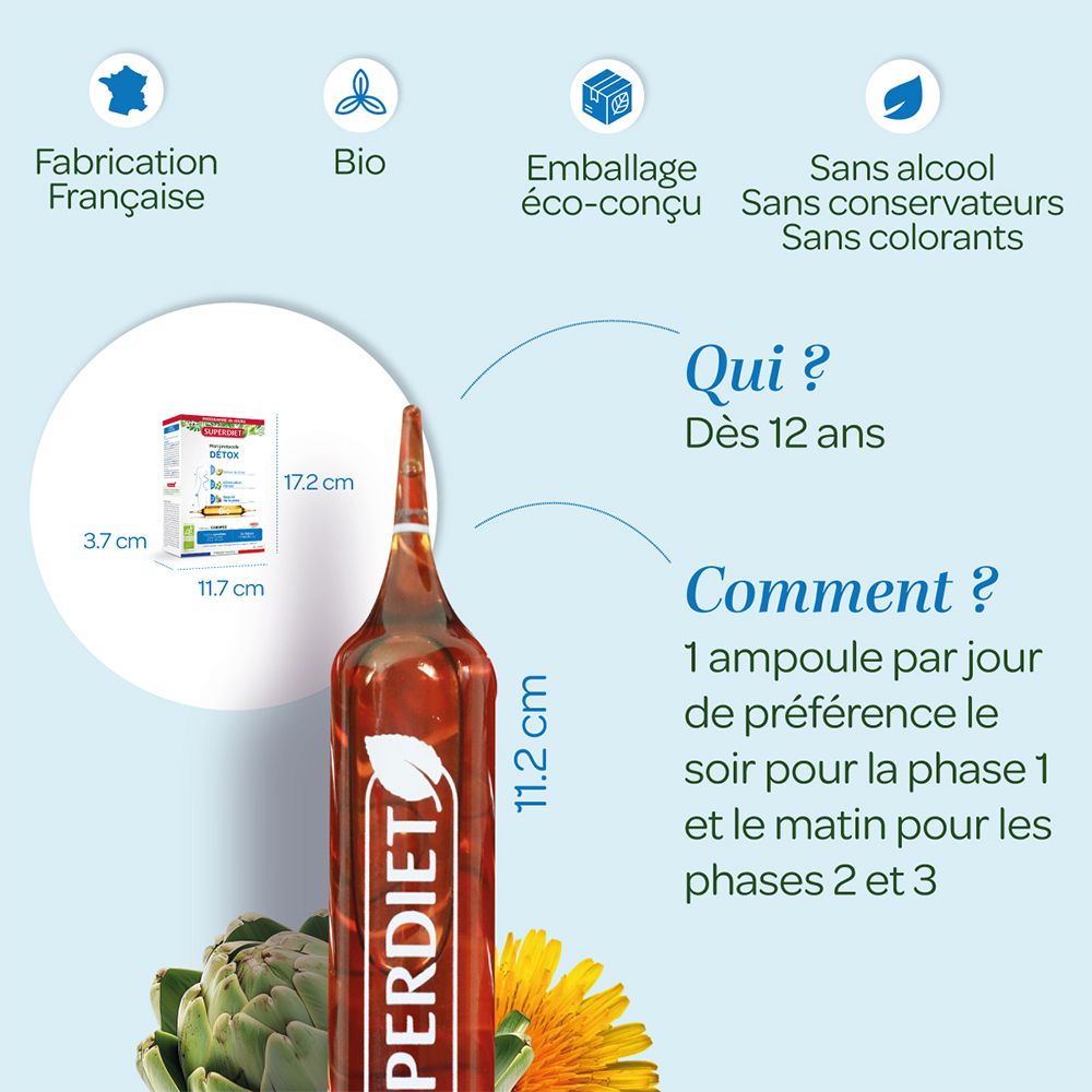 Ampoule Superdiet Bio-Detox-Protokoll. Dimensions : 11,2 cm haut, 3,7 cm large, 17,2 cm haut. Dès 12 ans.
