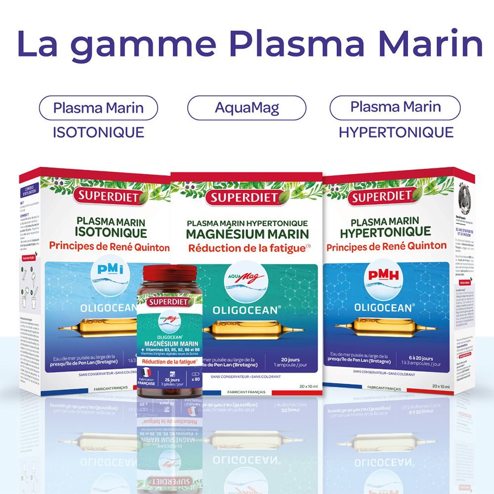 La gamme Plasma Marin de Superdiet. Contient PMI Isotonique, AquaMag et PMH Hypertonique.