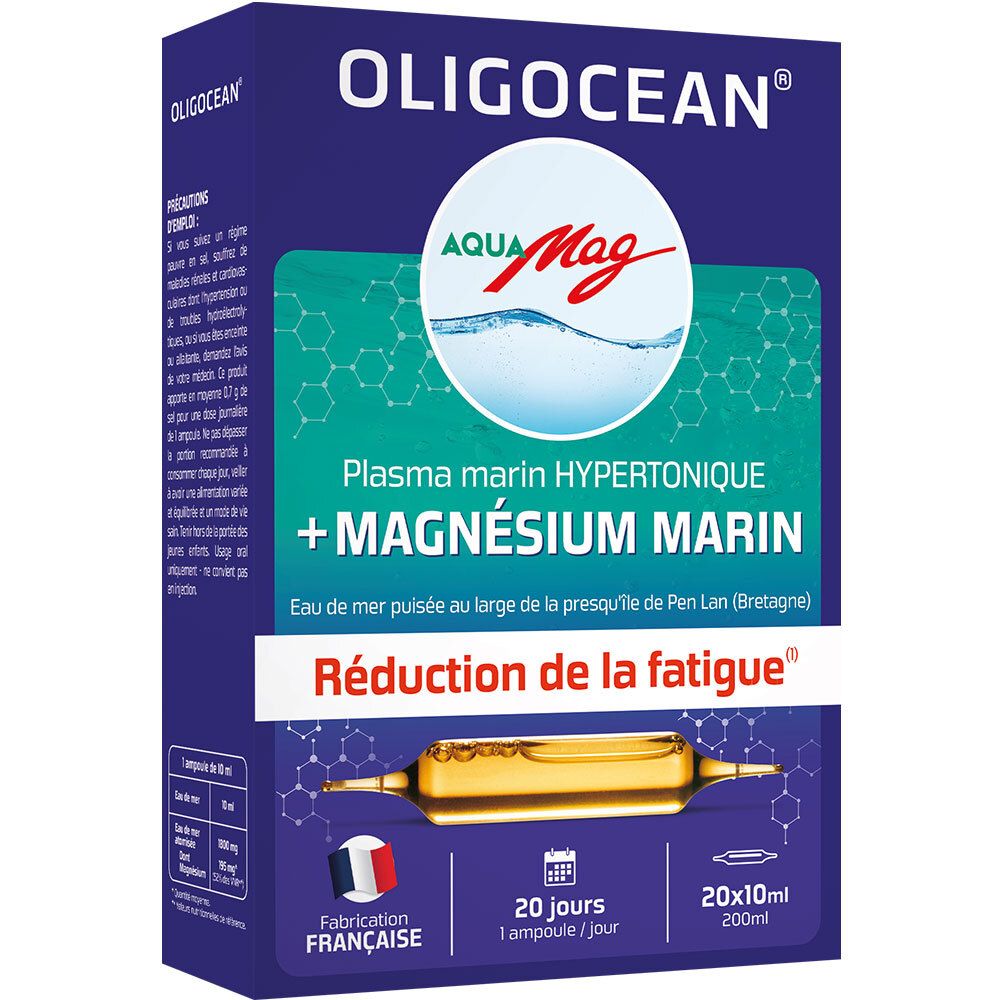 Boîte bleue et blanche. Inscription: Oligocean AquaMag Magnésium Marin Hypertonique. Drapeau français. 20 ampoules.