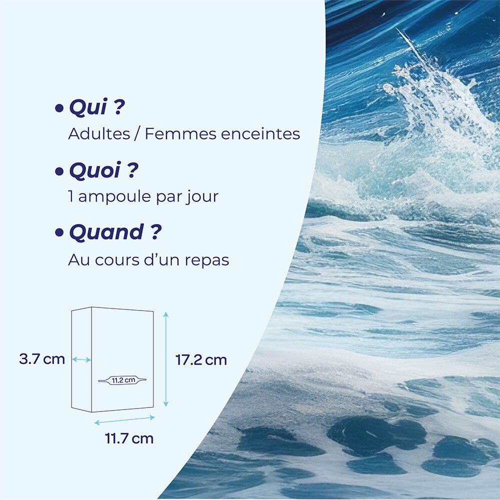Image d'une boîte. Dimensions: 17,2 x 11,7 x 3,7 cm. Texte: Qui ? Quand ? Quoi ? Pour adultes et femmes enceintes.