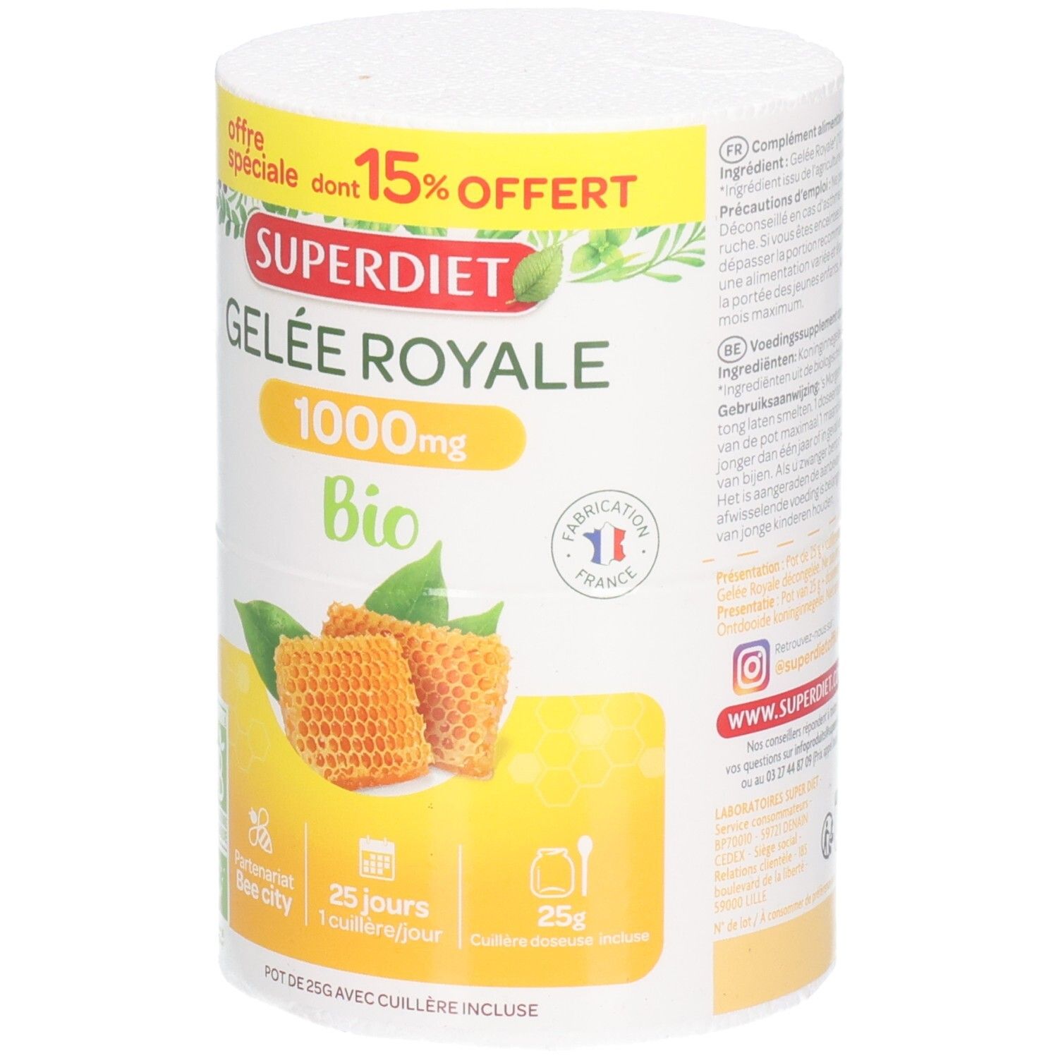Boîte cylindrique SUPERDIET Gelée Royale Bio. Contient 1000mg. Illustration de rayons de miel et label AB Bio.