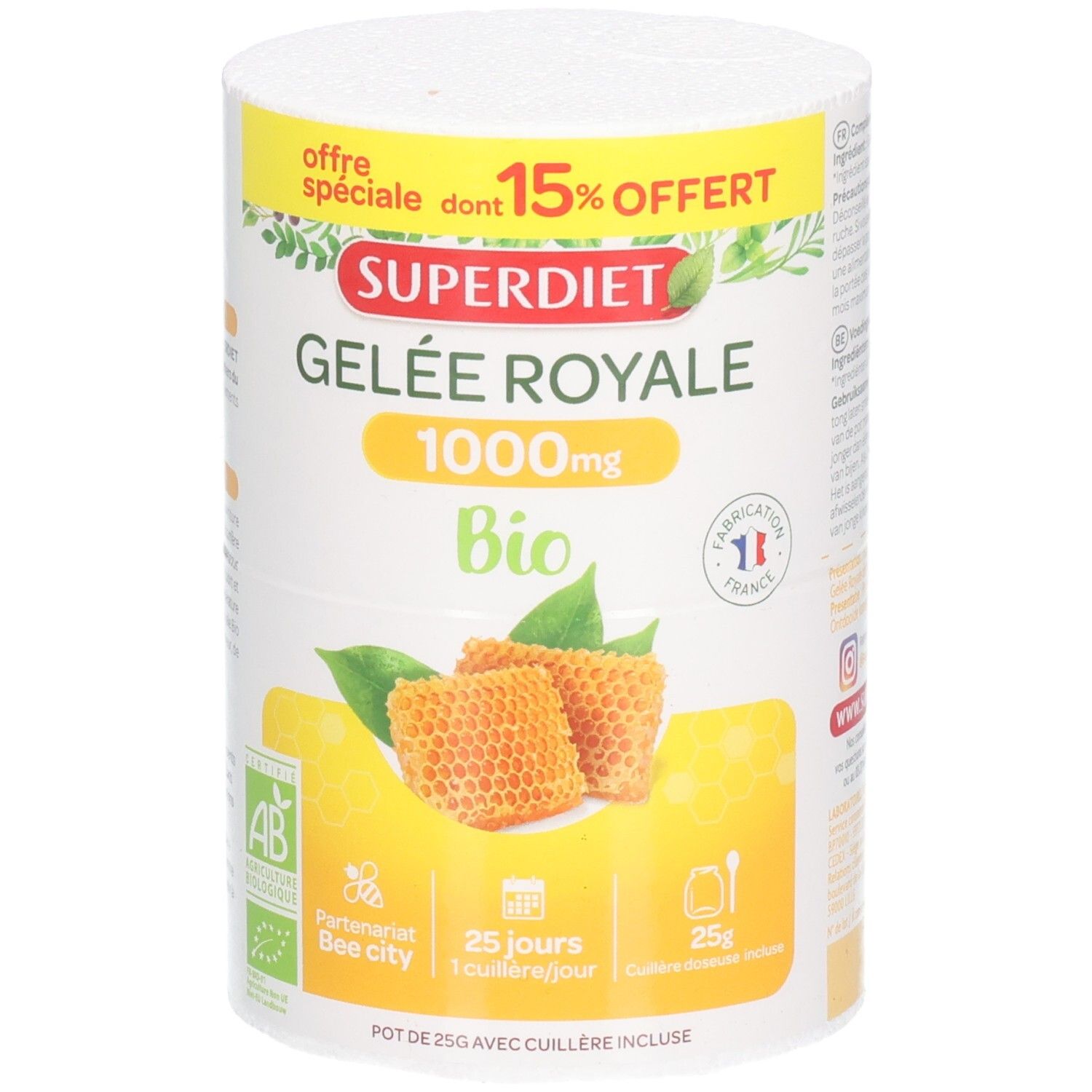 Boîte cylindrique SUPERDIET Gelée Royale Bio. Contient 1000mg. Illustration de rayons de miel et label AB Bio.