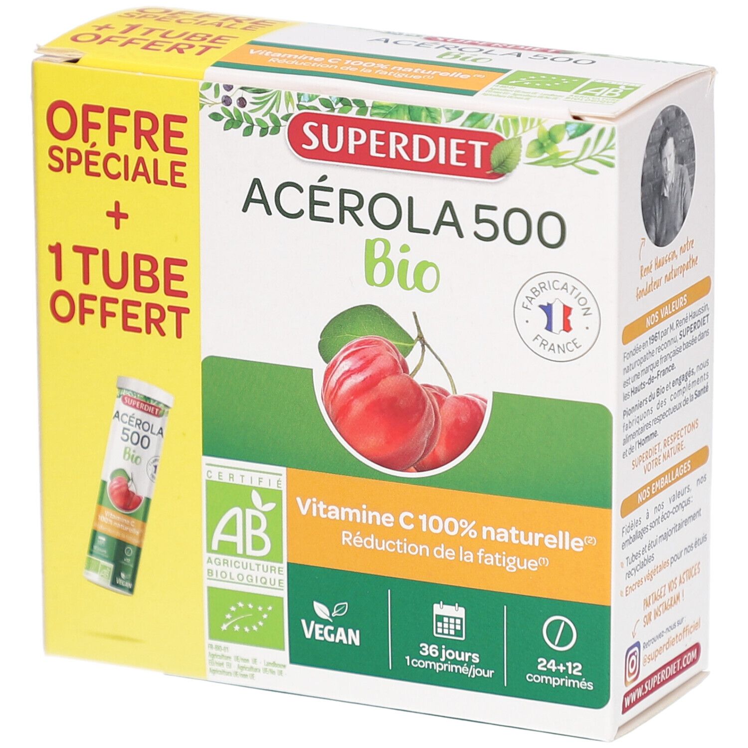 Boîte Superdiet Acérola 500 Bio avec tube offert. Inscriptions : AB, Vegan, 36 jours, Vitamine C. Image de cerises.
